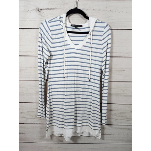 White House Black Market Metallic Striped Hooded Top Hi-Lo Hem Blue/White Size S - Picture 1 of 6
